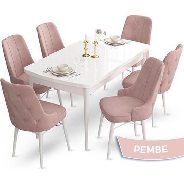 Canisa Concept Ahu Serisi 80x132 cm Açılabilir Beyaz Masa 6 Sandalye Pembe Mutfak Masa Takımı