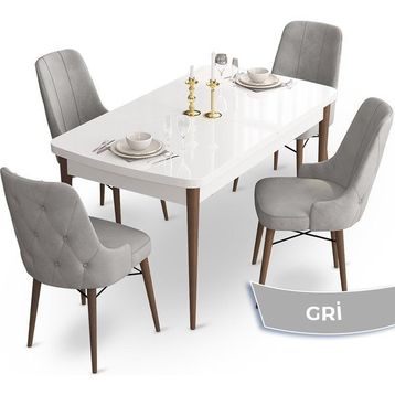 Canisa Concept Ahu Serisi 80x132 cm Açılabilir Beyaz Masa Ceviz Ayak 4 Sandalye Gri Mutfak Masa Takımı