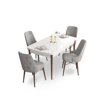 Canisa Concept Ahu Serisi 80x132 cm Açılabilir Beyaz Masa Ceviz Ayak 4 Sandalye Gri Mutfak Masa Takımı