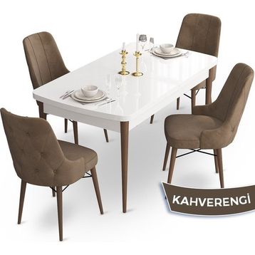 Canisa Concept Ahu Serisi 80x132 cm Açılabilir Beyaz Masa Ceviz Ayak 4 Sandalye Kahverengi Mutfak Masa Takımı