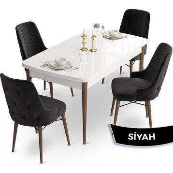 Canisa Concept Ahu Serisi 80x132 cm Açılabilir Beyaz Masa Ceviz Ayak 4 Sandalye Siyah Mutfak Masa Takımı