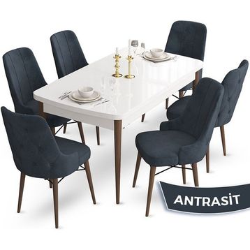 Canisa Concept Ahu Serisi 80x132 cm Açılabilir Beyaz Masa Ceviz Ayak 6 Sandalye Antrasit Mutfak Masa Takımı