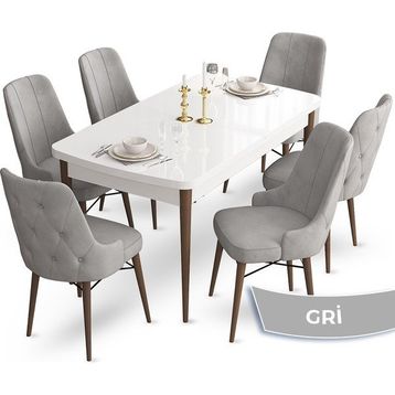 Canisa Concept Ahu Serisi 80x132 cm Açılabilir Beyaz Masa Ceviz Ayak 6 Sandalye Gri Mutfak Masa Takımı