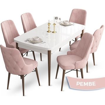 Canisa Concept Ahu Serisi 80x132 cm Açılabilir Beyaz Masa Ceviz Ayak 6 Sandalye Pembe Mutfak Masa Takımı