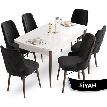 Canisa Concept Ahu Serisi 80x132 cm Açılabilir Beyaz Masa Ceviz Ayak 6 Sandalye Siyah Mutfak Masa Takımı