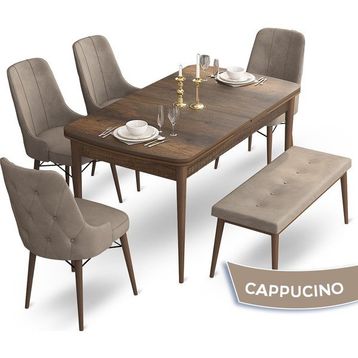 Canisa Concept Ahu Serisi 80x132 cm Açılabilir Masa Barok Ahşap Desen 4 Sandalye 1 Bench Cappuccino Mutfak Masa Takımı