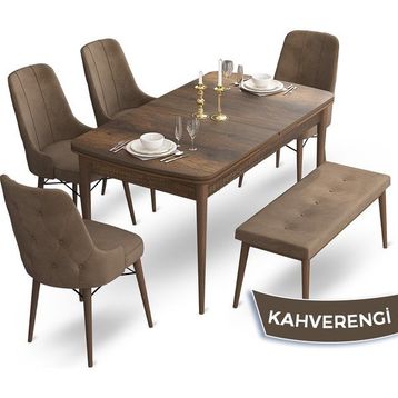 Canisa Concept Ahu Serisi 80x132 cm Açılabilir Masa Barok Ahşap Desen 4 Sandalye 1 Bench Kahverengi Mutfak Masa Takımı