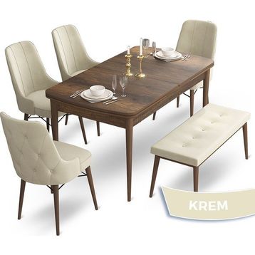 Canisa Concept Ahu Serisi 80x132 cm Açılabilir Masa Barok Ahşap Desen 4 Sandalye 1 Bench Krem Mutfak Masa Takımı