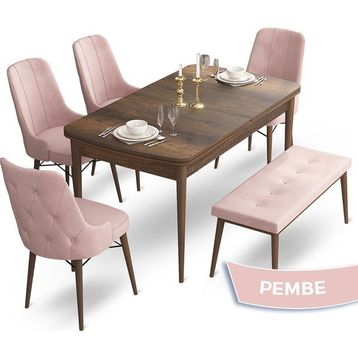 Canisa Concept Ahu Serisi 80x132 cm Açılabilir Masa Barok Ahşap Desen 4 Sandalye 1 Bench Pembe Mutfak Masa Takımı