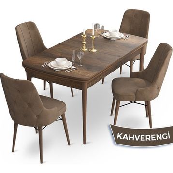 Canisa Concept Ahu Serisi 80x132 cm Açılabilir Masa Barok Ahşap Desen 4 Sandalye Kahverengi Mutfak Masa Takımı