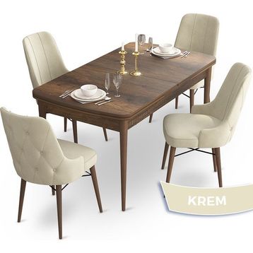 Canisa Concept Ahu Serisi 80x132 cm Açılabilir Masa Barok Ahşap Desen 4 Sandalye Krem Mutfak Masa Takımı