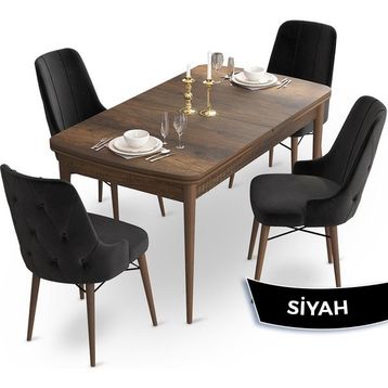 Canisa Concept Ahu Serisi 80x132 cm Açılabilir Masa Barok Ahşap Desen 4 Sandalye Siyah Mutfak Masa Takımı