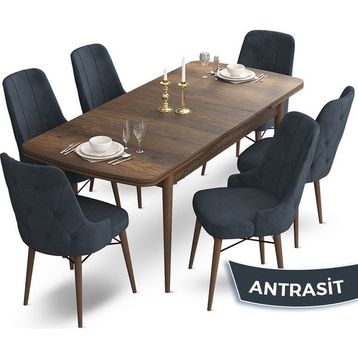 Canisa Concept Ahu Serisi 80x132 cm Açılabilir Masa Barok Ahşap Desen 6 Sandalye Antrasit Mutfak Masa Takımı