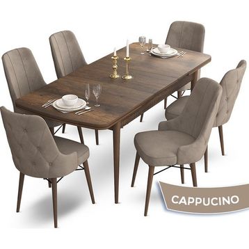 Canisa Concept Ahu Serisi 80x132 cm Açılabilir Masa Barok Ahşap Desen 6 Sandalye Cappucino Mutfak Masa Takımı
