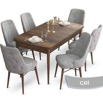 Canisa Concept Ahu Serisi 80x132 cm Açılabilir Masa Barok Ahşap Desen 6 Sandalye Gri Mutfak Masa Takımı