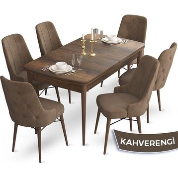 Canisa Concept Ahu Serisi 80x132 cm Açılabilir Masa Barok Ahşap Desen 6 Sandalye Kahverengi Mutfak Masa Takımı