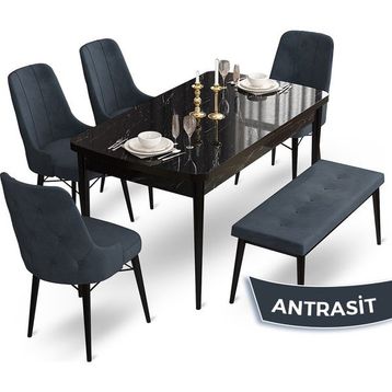 Canisa Concept Ahu Serisi 80x132 cm Açılabilir Siyah Mermer Desen 4 Sandalye 1 Bench Antrasit Mutfak Masa Takımı