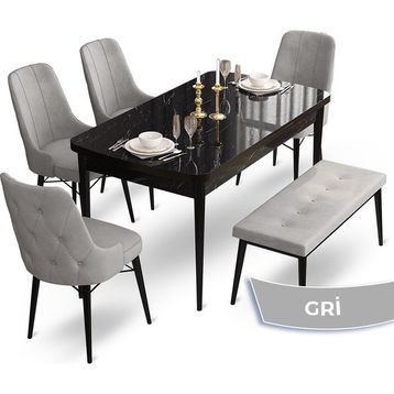 Canisa Concept Ahu Serisi 80x132 cm Açılabilir Siyah Mermer Desen 4 Sandalye 1 Bench Gri Mutfak Masa Takımı