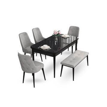 Canisa Concept Ahu Serisi 80x132 cm Açılabilir Siyah Mermer Desen 4 Sandalye 1 Bench Gri Mutfak Masa Takımı
