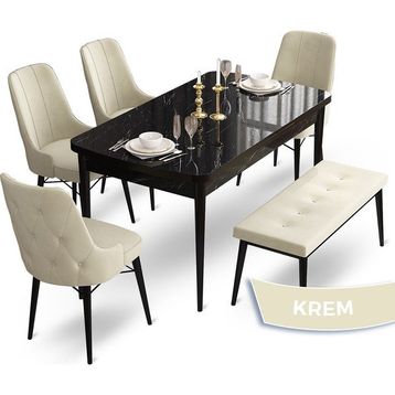 Canisa Concept Ahu Serisi 80x132 cm Açılabilir Siyah Mermer Desen 4 Sandalye 1 Bench Krem Mutfak Masa Takımı