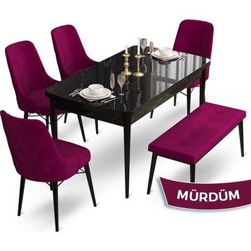Canisa Concept Ahu Serisi 80x132 cm Açılabilir Siyah Mermer Desen 4 Sandalye 1 Bench Mürdüm Mutfak Masa Takımı