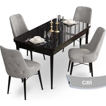 Canisa Concept Ahu Serisi 80x132 cm Açılabilir Siyah Mermer Desen 4 Sandalye Gri Mutfak Masa Takımı