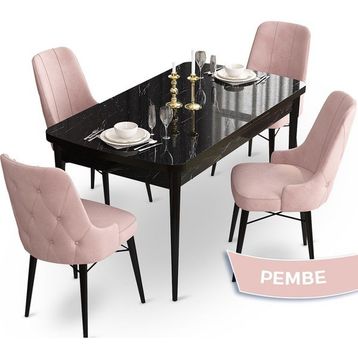 Canisa Concept Ahu Serisi 80x132 cm Açılabilir Siyah Mermer Desen 4 Sandalye Pembe Mutfak Masa Takımı