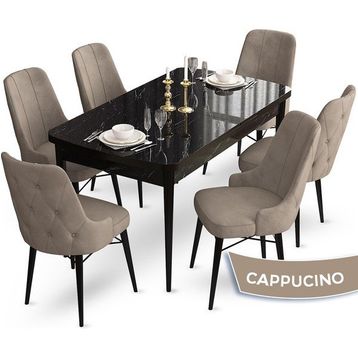 Canisa Concept Ahu Serisi 80x132 cm Açılabilir Siyah Mermer Desen 6 Sandalye Cappuccino Mutfak Masa Takımı