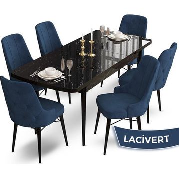 Canisa Concept Ahu Serisi 80x132 cm Açılabilir Siyah Mermer Desen 6 Sandalye Lacivert Mutfak Masa Takımı
