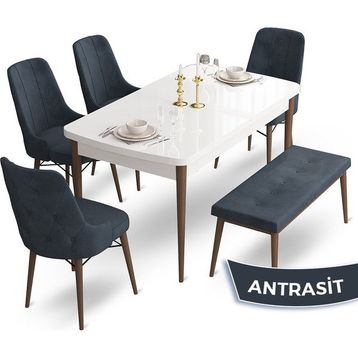 Canisa Concept Ahu Serisi 80x132 cm Beyaz Masa Ceviz Ayak 4 Sandalye 1 Bench Antrasit Mutfak Masa Takımı