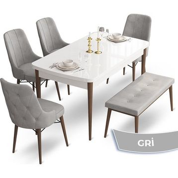 Canisa Concept Ahu Serisi 80x132 cm Beyaz Masa Ceviz Ayak 4 Sandalye 1 Bench Gri Mutfak Masa Takımı