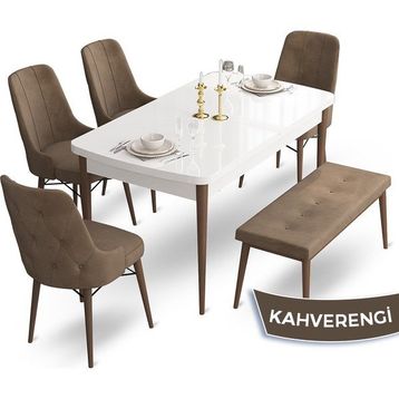 Canisa Concept Ahu Serisi 80x132 cm Beyaz Masa Ceviz Ayak 4 Sandalye 1 Bench Kahverengi Mutfak Masa Takımı