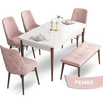 Canisa Concept Ahu Serisi 80x132 cm Beyaz Masa Ceviz Ayak 4 Sandalye 1 Bench Pembe Mutfak Masa Takımı