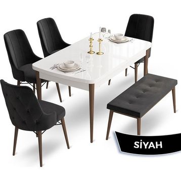 Canisa Concept Ahu Serisi 80x132 cm Beyaz Masa Ceviz Ayak 4 Sandalye 1 Bench Siyah Mutfak Masa Takımı