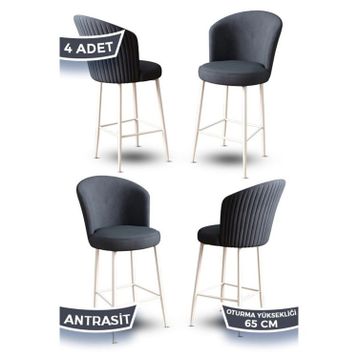 Canisa Concept Alte Serisi Babyface Antrasit Kumaş Beyaz Metal Ayak 4 Adet Bar Sandalyesi