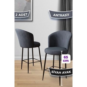 Canisa Concept Alte Serisi Babyface Antrasit Kumaş Siyah Metal Ayak 2 Adet Bar Sandalyesi