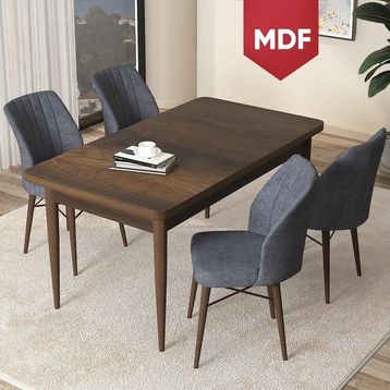 Canisa Concept Arp Serisi 70x110 cm Barok Ahşap Desen 4 Sandalye Sabit Füme Mutfak Masası Takımı