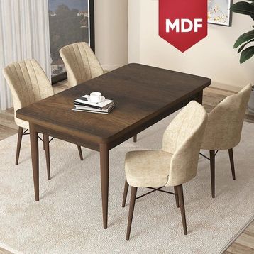 Canisa Concept Arp Serisi 70x110 cm Barok Ahşap Desen 4 Sandalye Sabit Krem Mutfak Masası Takımı
