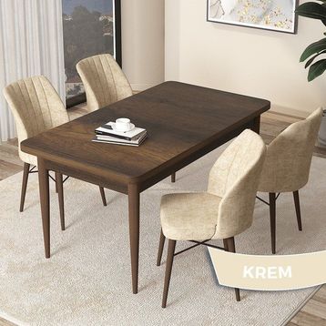 Canisa Concept Arp Serisi 70x110 cm Barok Ahşap Desen 4 Sandalye Sabit Krem Mutfak Masası Takımı