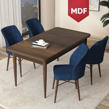 Canisa Concept Arp Serisi 70x110 cm Barok Ahşap Desen 4 Sandalye Sabit Lacivert Mutfak Masası Takımı