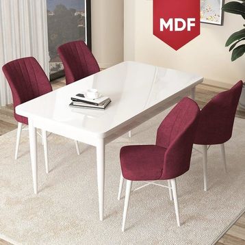 Canisa Concept Arp Serisi 70x110 cm Sabit Beyaz Masa 4 Sandalye Bordo Mutfak Masası Takımı