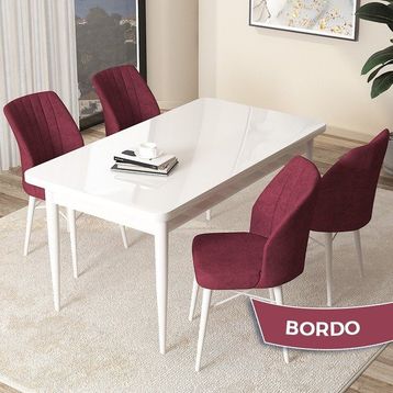 Canisa Concept Arp Serisi 70x110 cm Sabit Beyaz Masa 4 Sandalye Bordo Mutfak Masası Takımı