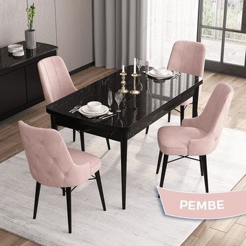 Canisa Concept Aya Serisi 80x132 cm Açılabilir Siyah Mermer Desen 4 Sandalye Pembe Mutfak Masa Takımı