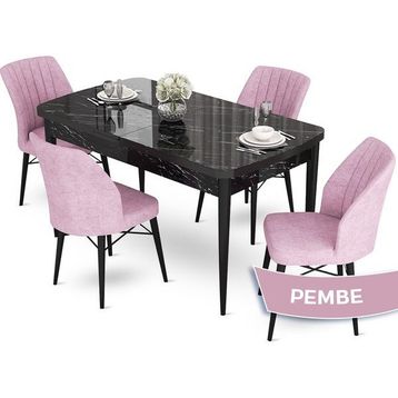 Canisa Concept Aya Serisi 80x132 cm Açılabilir Siyah Mermer Desen 4 Sandalye Pembe Mutfak Masa Takımı