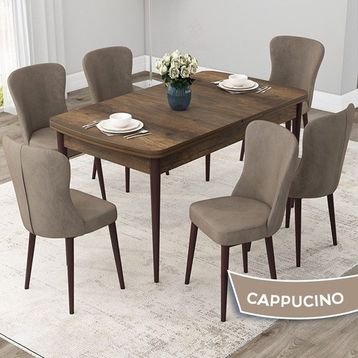 Canisa Concept Due Serisi 80x132 cm Açılabilir Barok Ahşap Desen 6 Sandalye Cappuccino Mutfak Masası Takımı