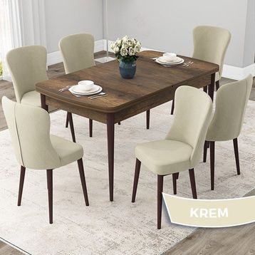 Canisa Concept Due Serisi 80x132 cm Açılabilir Barok Ahşap Desen 6 Sandalye Krem Mutfak Masası Takımı