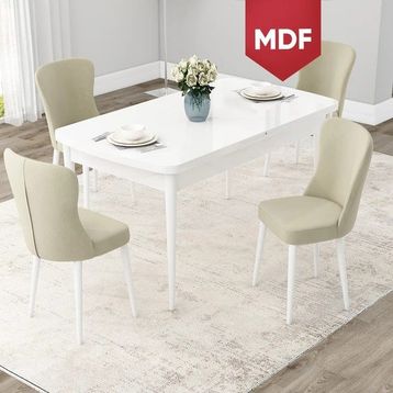 Canisa Concept Due Serisi 80x132 cm Açılabilir Beyaz 4 Sandalye Krem Mutfak Masası Takımı