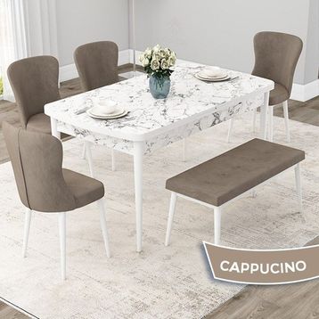 Canisa Concept Due Serisi 80x132 cm Açılabilir Beyaz Mermer Desen 4 Sandalye 1 Bench Cappuccino Mutfak Masası Takımı