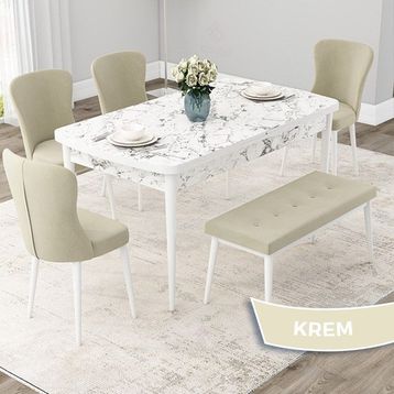 Canisa Concept Due Serisi 80x132 cm Açılabilir Beyaz Mermer Desen 4 Sandalye 1 Bench Krem Mutfak Masası Takımı