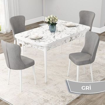 Canisa Concept Due Serisi 80x132 cm Açılabilir Beyaz Mermer Desen 4 Sandalye Gri Mutfak Masası Takımı